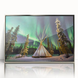 Mid-century modernist art depicting the Northwest Territories scenery in silver-framed acrylic.