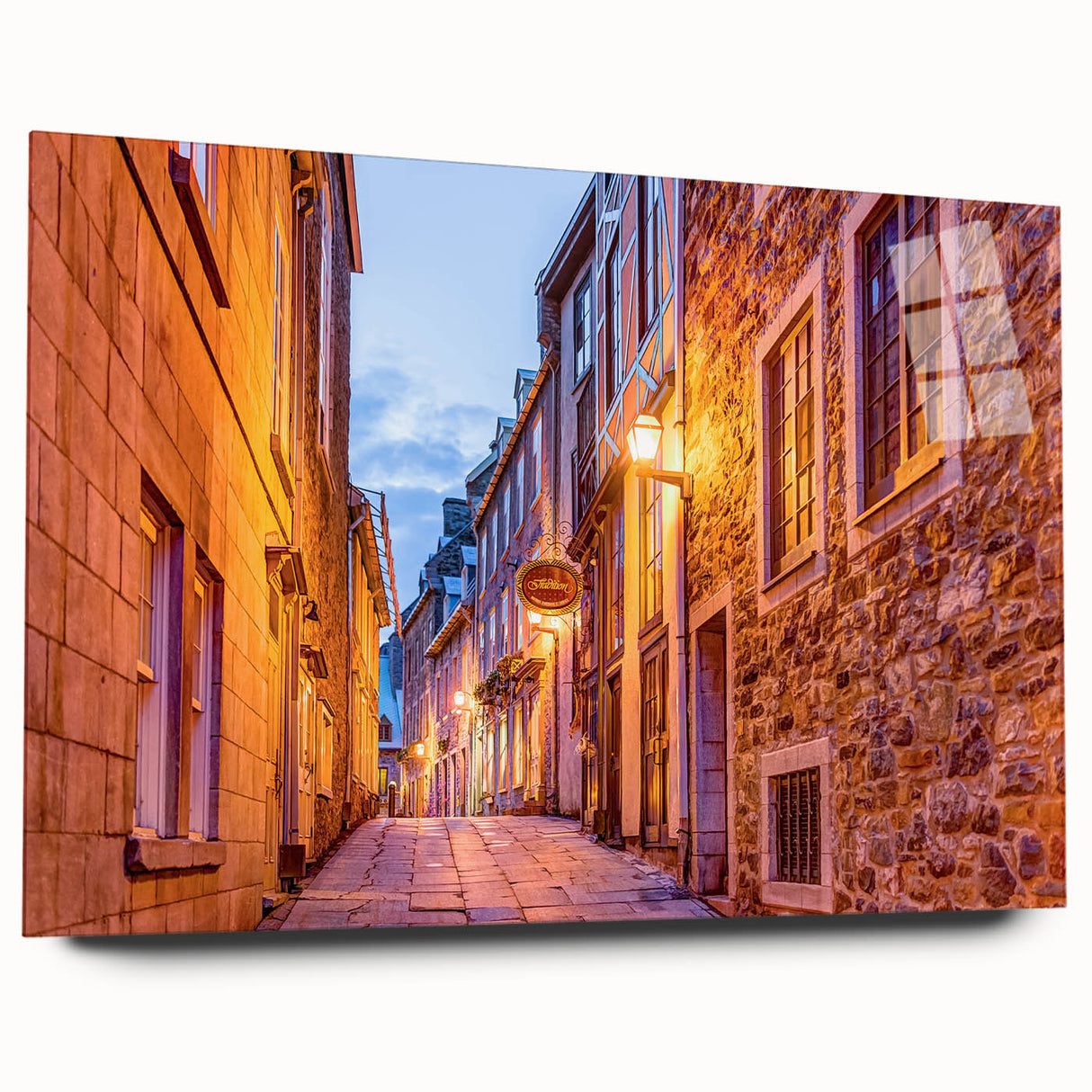 Large abstract wall art depicting a scenic Quebec landscape on acrylic glass, suitable for bedroom or dining room decor.