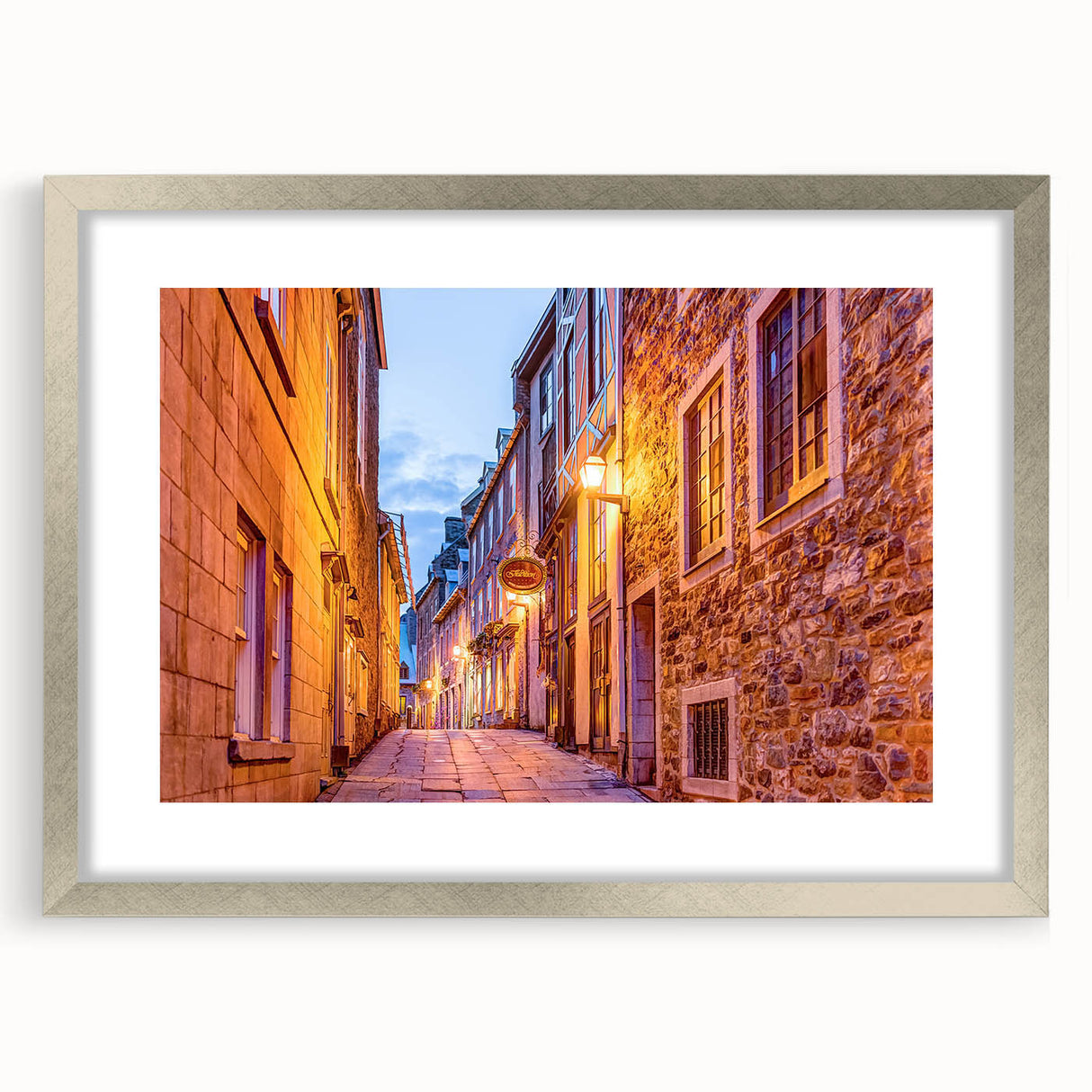 Textured abstract art print depicting serene Quebec scenery in muted blue and green, framed with a silver mat.
