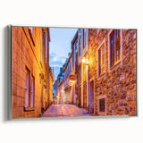 Landscape art painting of Quebec scenery on framed canvas, featuring vibrant colors on a black background.