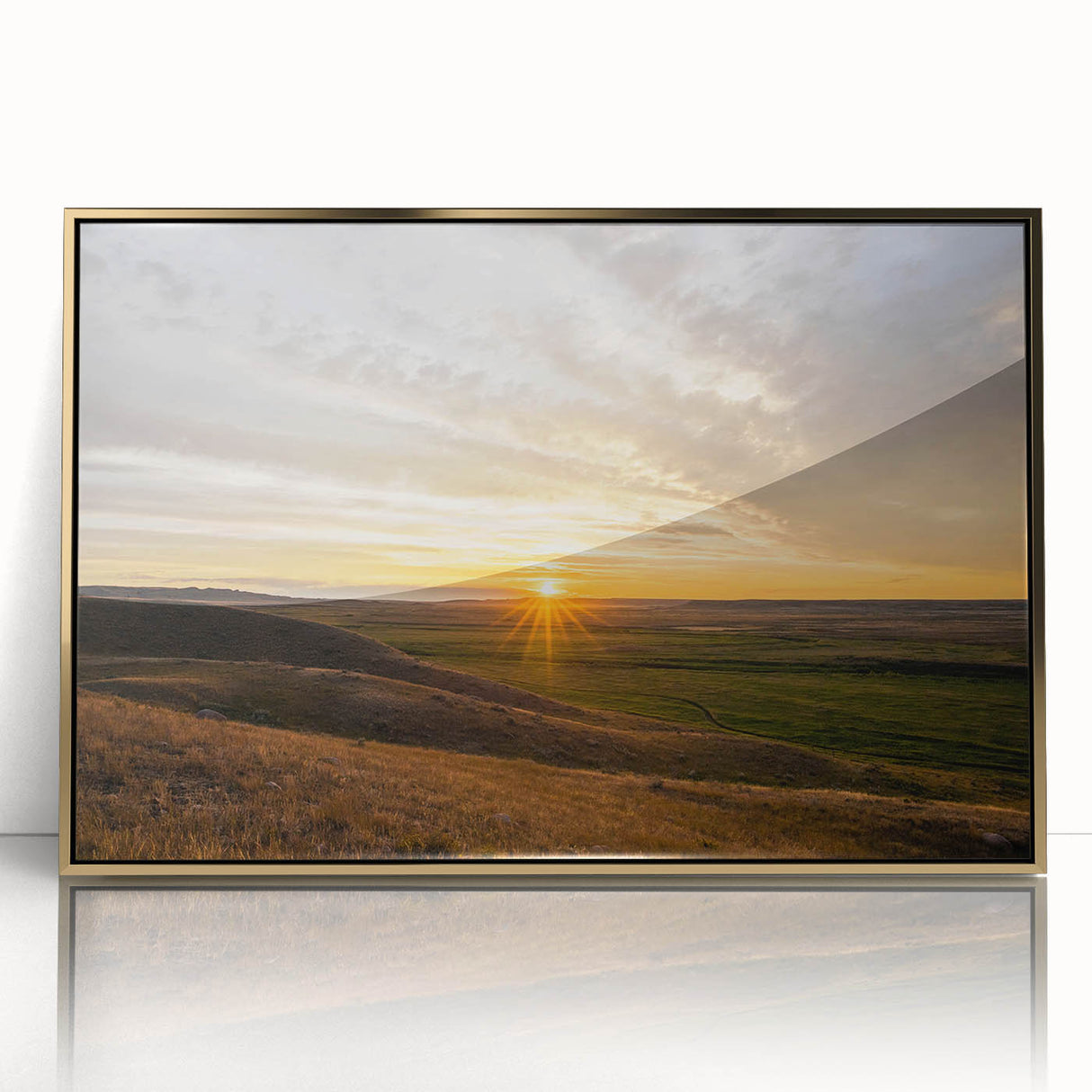 Large art print of a Saskatchewan scenery in a gold-framed acrylic, featuring mid-century modernist style.