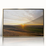 Large art print of a Saskatchewan scenery in a gold-framed acrylic, featuring mid-century modernist style.