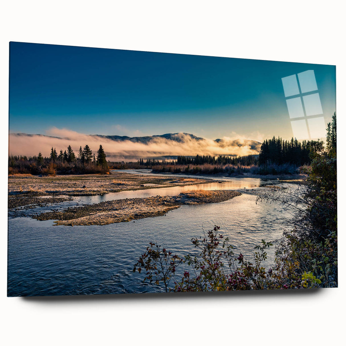 Large abstract wall art of Yukon scenery in muted green and blue tones on acrylic glass.