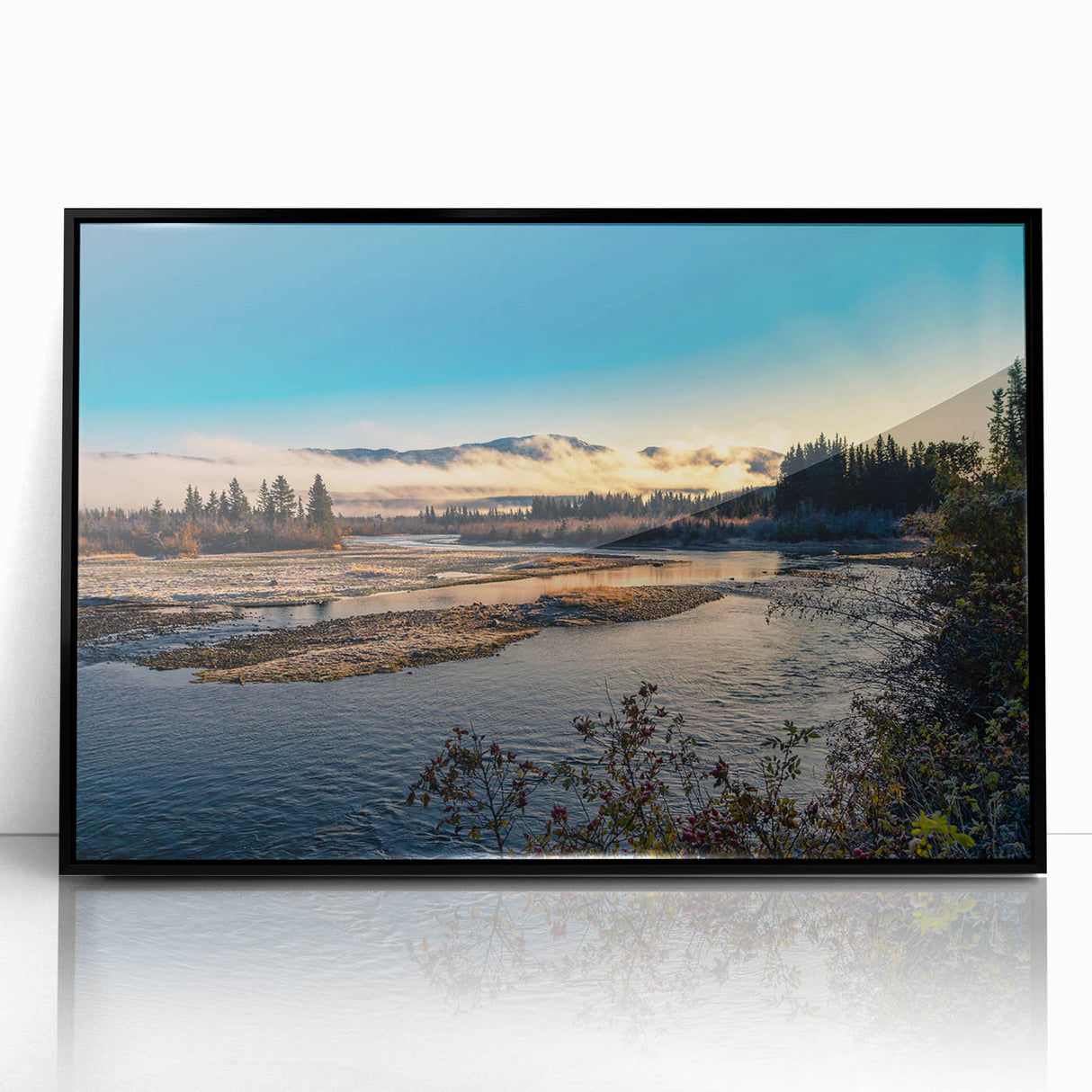 Large abstract wall art depicting Yukon scenery in muted earth tones on a black framed acrylic.