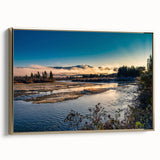 Framed canvas depicting a vintage-style Yukon landscape, featuring muted earth tones, ideal for bedroom wall art.