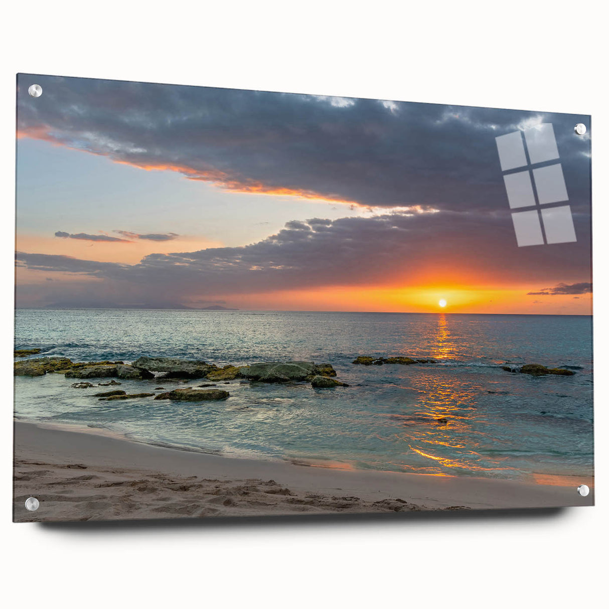 Large abstract wall art of a Caribbean scenery in vibrant blue and green hues on acrylic glass.
