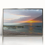 Large art print of a Caribbean beach scene in pastel shades on framed acrylic, suitable for modern nursery decor.