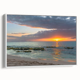Landscape art painting of Caribbean Antigua scenery on white-framed canvas, featuring vibrant blue and green tones.