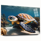 Large abstract wall art of Caribbean scenery in vibrant blue and green tones on acrylic glass.