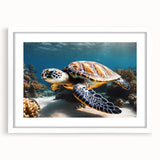 Textured abstract art print depicting a Caribbean Aruba scenery in muted blue and green shades, framed with a white mat.