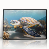 Large abstract wall art depicting a Caribbean Aruba scenery in vibrant blue and green hues, framed in black acrylic.