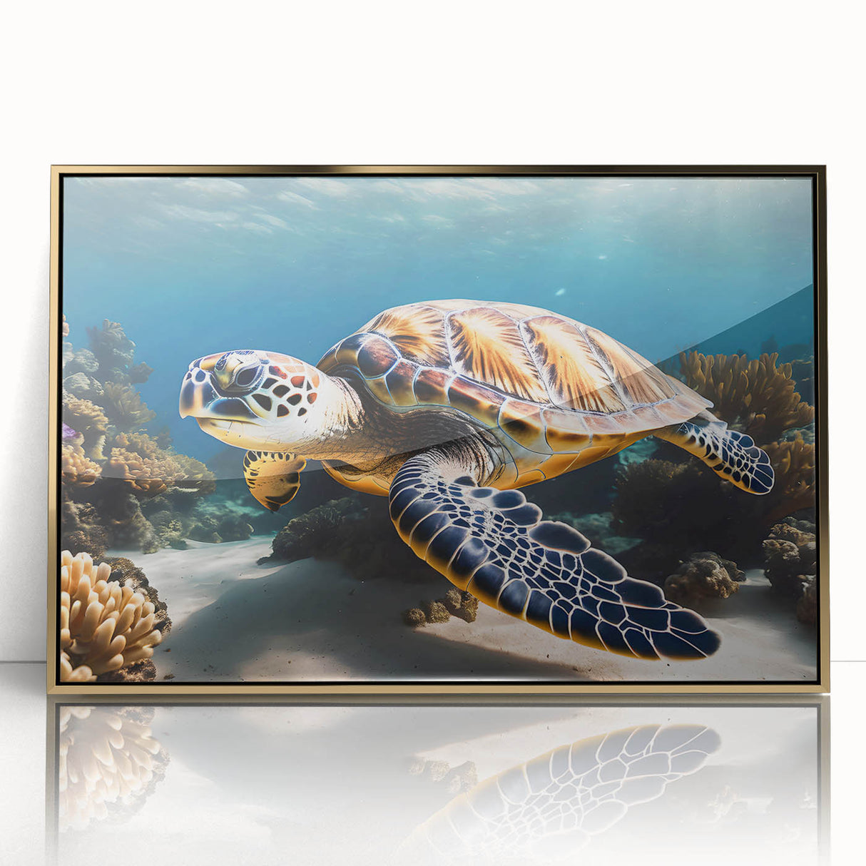 Art deco poster of Caribbean Aruba scenery in gold frame, acrylic print, ideal for modern art wall decor.