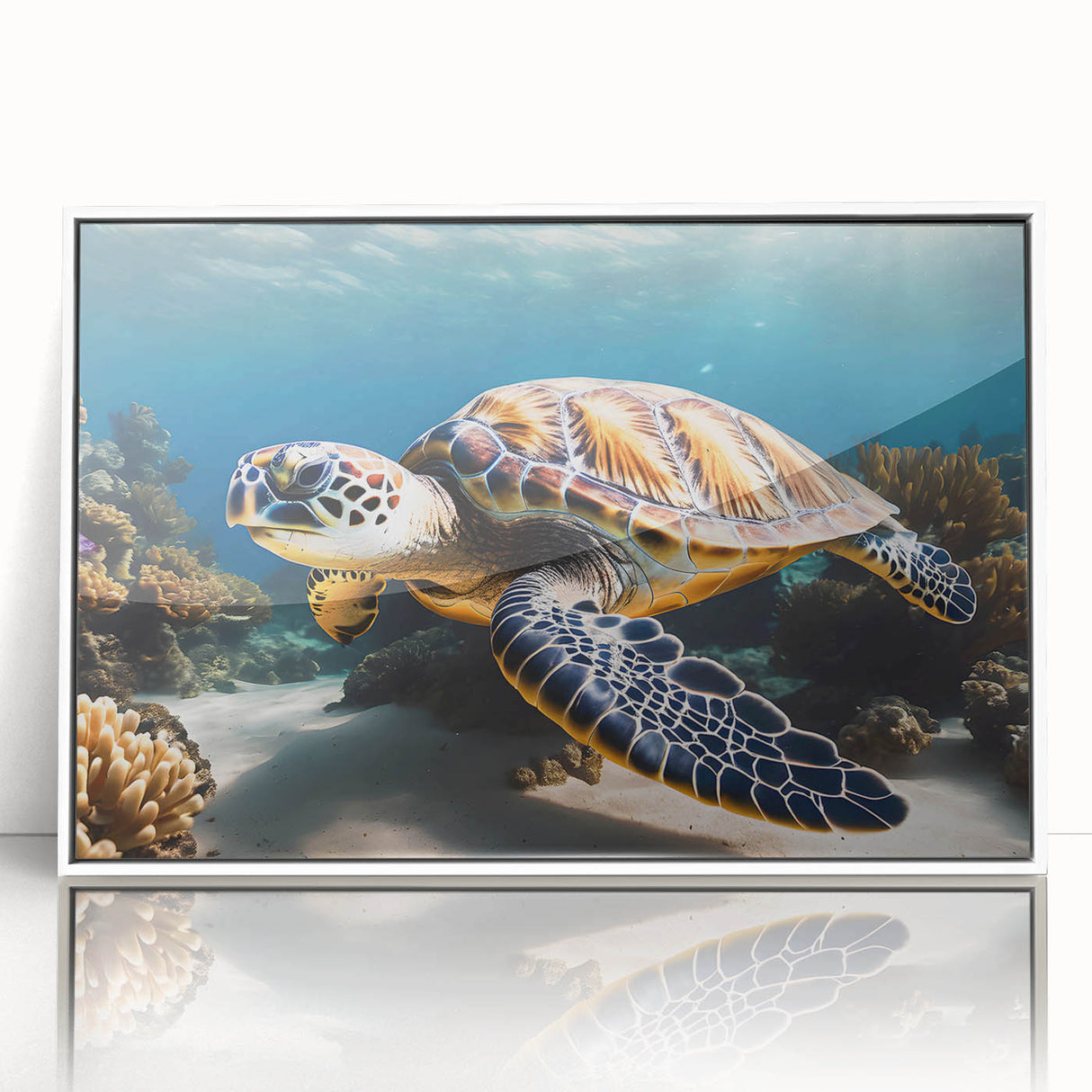 Mid-century modernist art depicting a serene Caribbean Aruba scenery in a white framed acrylic, ideal for nursery wall art.