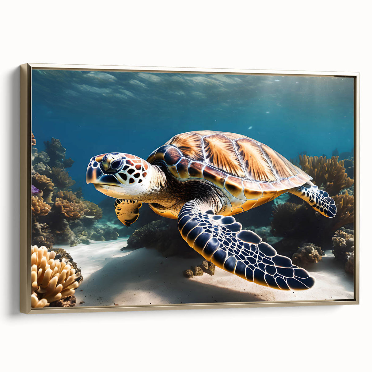 Framed canvas wall art featuring a vintage-style Caribbean landscape in muted gold and black tones, ideal for bedroom decor.