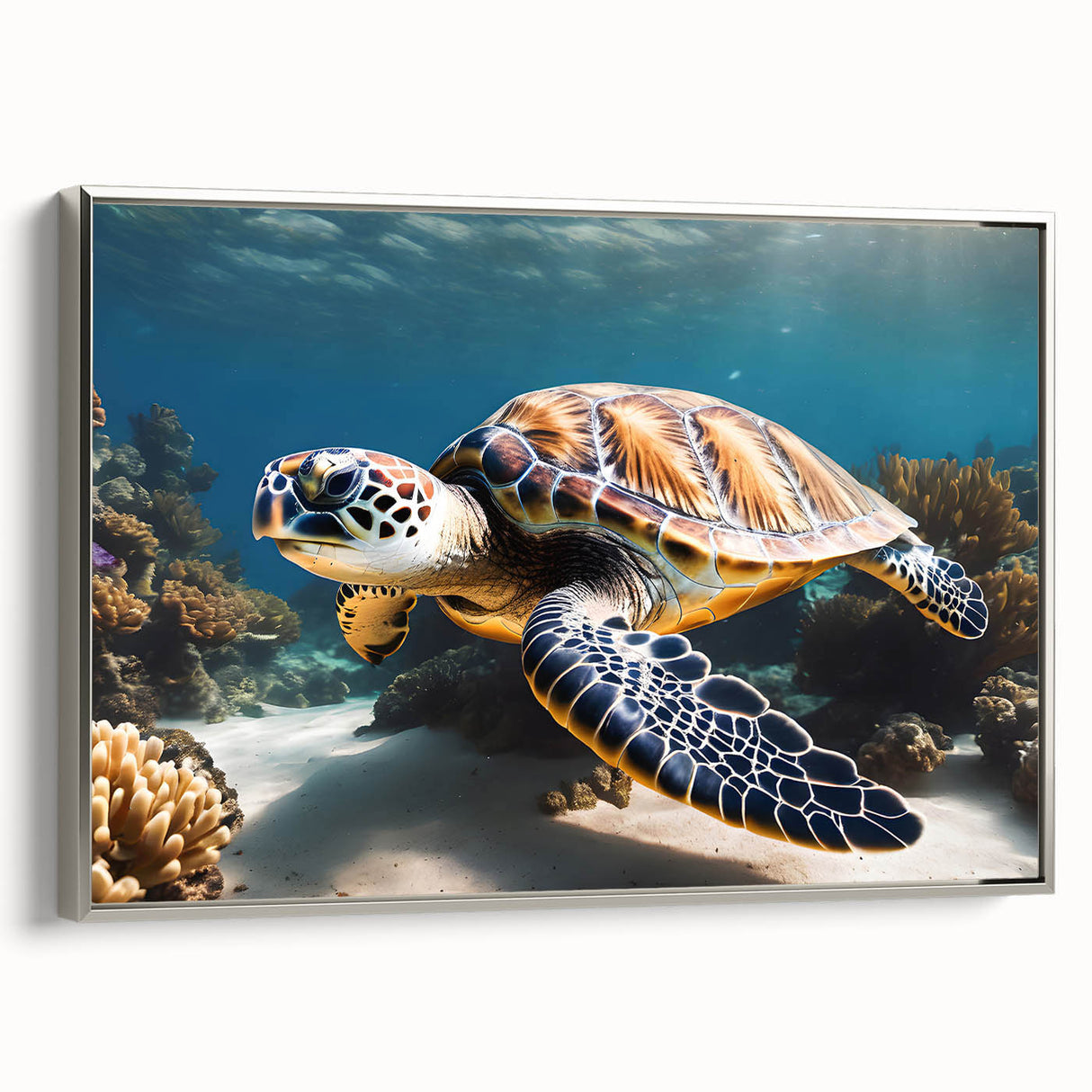 Landscape art painting of a Caribbean scenery on framed canvas, featuring vibrant blue and green tones.