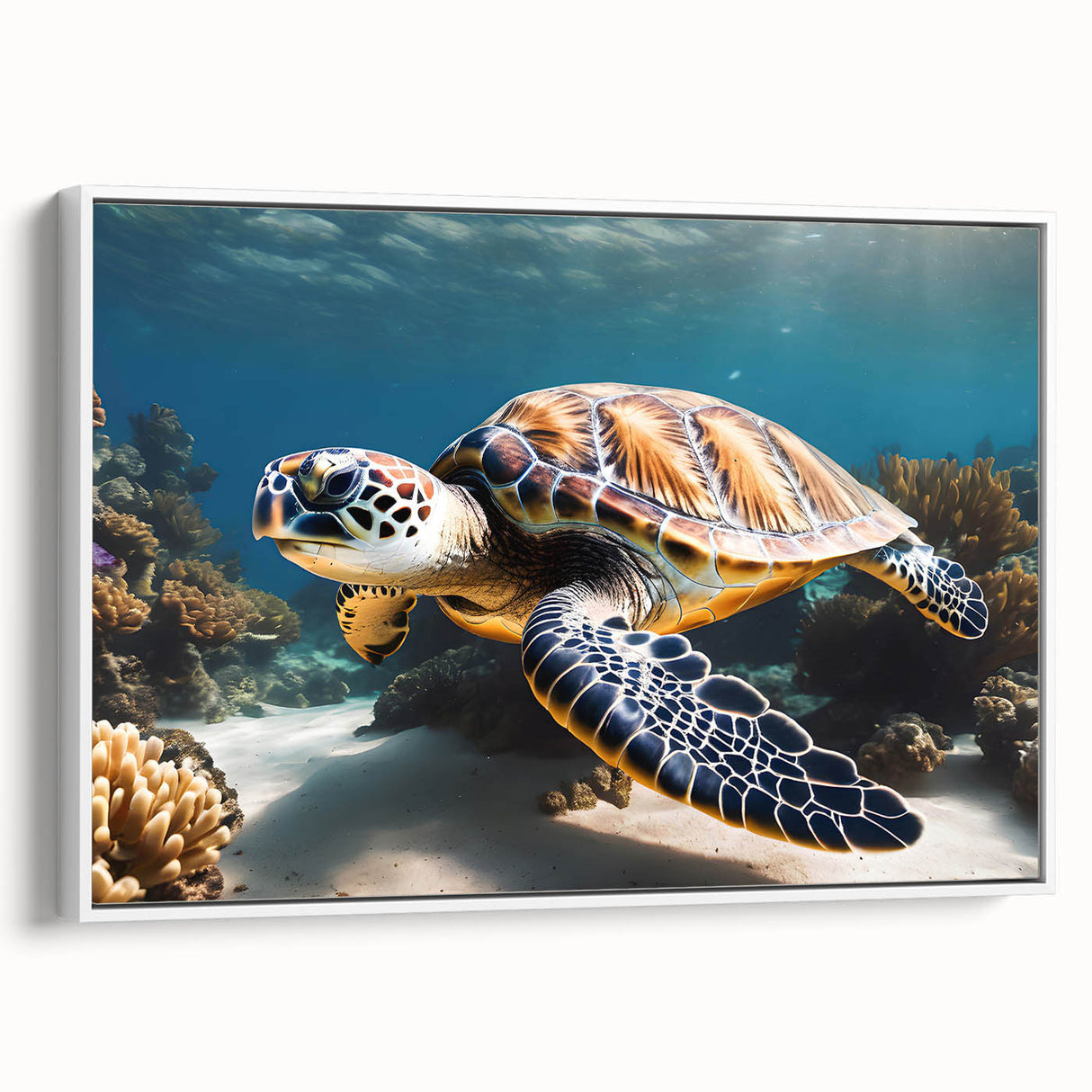 Vintage poster art of a Caribbean Aruba scenery on a framed canvas, featuring vibrant colors, ideal for living room decor.