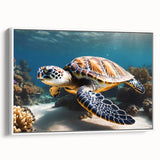 Vintage poster art of a Caribbean Aruba scenery on a framed canvas, featuring vibrant colors, ideal for living room decor.