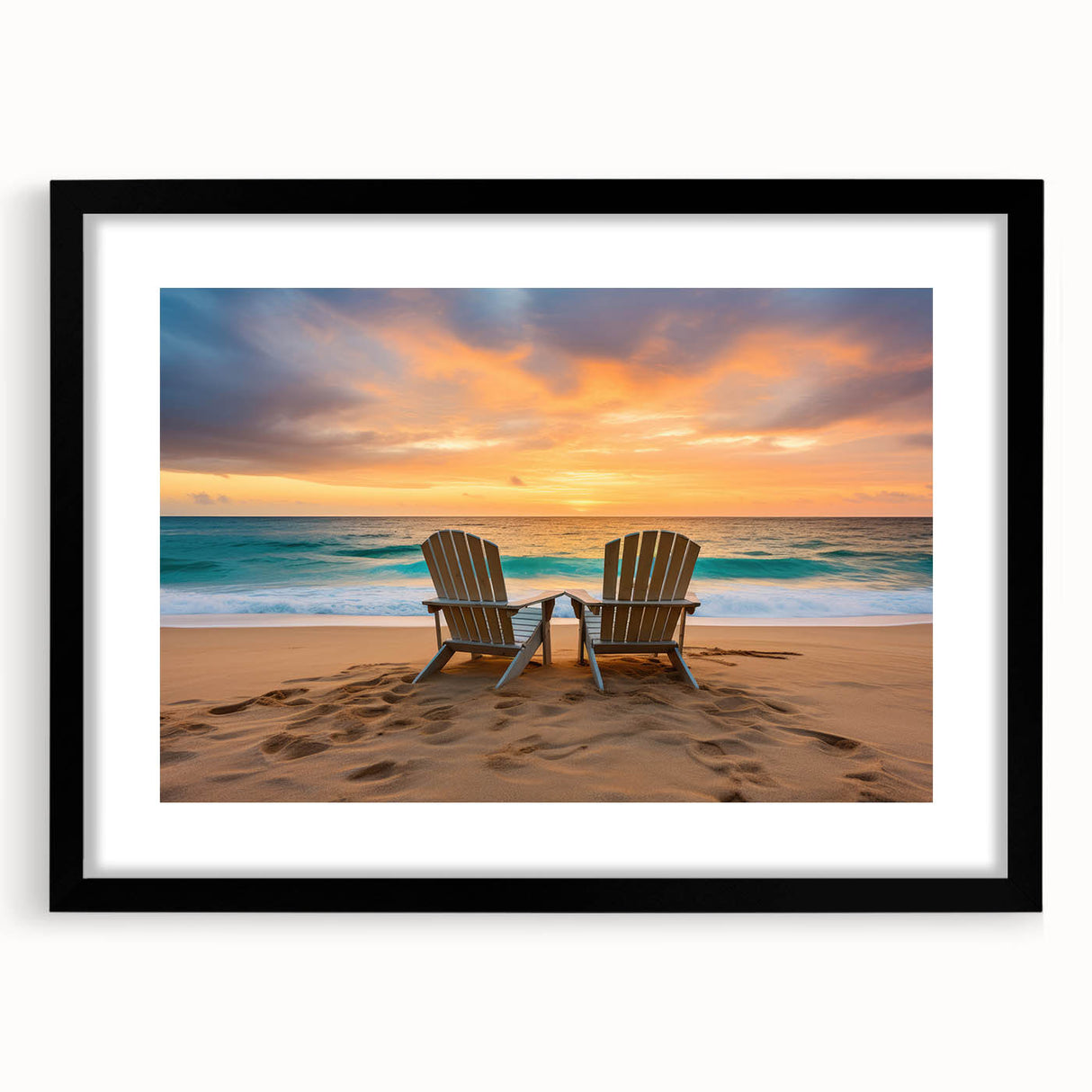 Abstract art print of Caribbean scenery in vibrant colors on a textured, extra large canvas, framed in black.