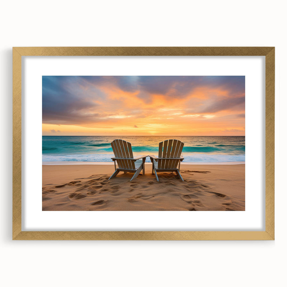 Abstract art print of Caribbean scenery in gold frame with mat, featuring blue and green tones, ideal for dining room decor.