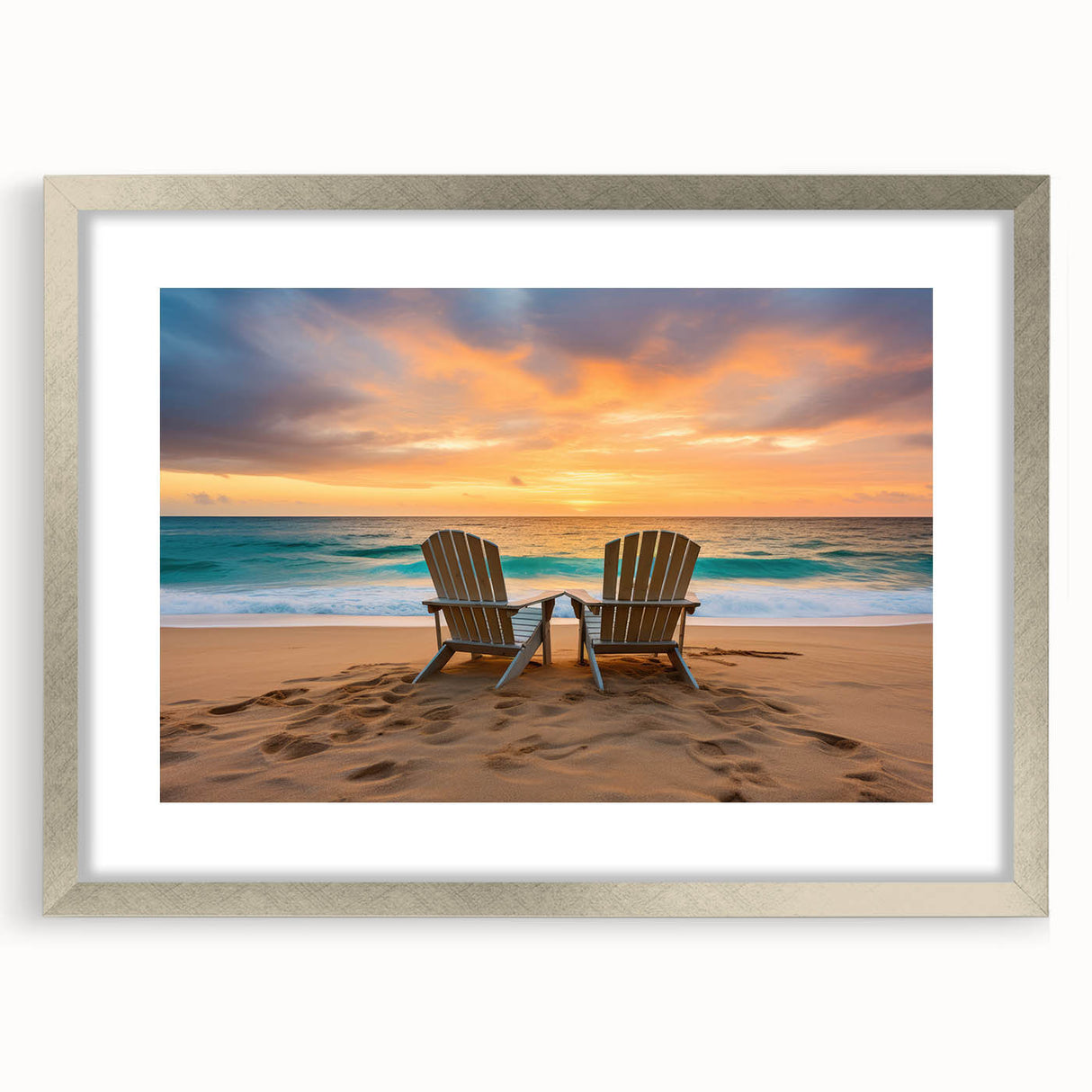 Extra large abstract art print of Caribbean scenery in silver frame, ideal for living room decor.