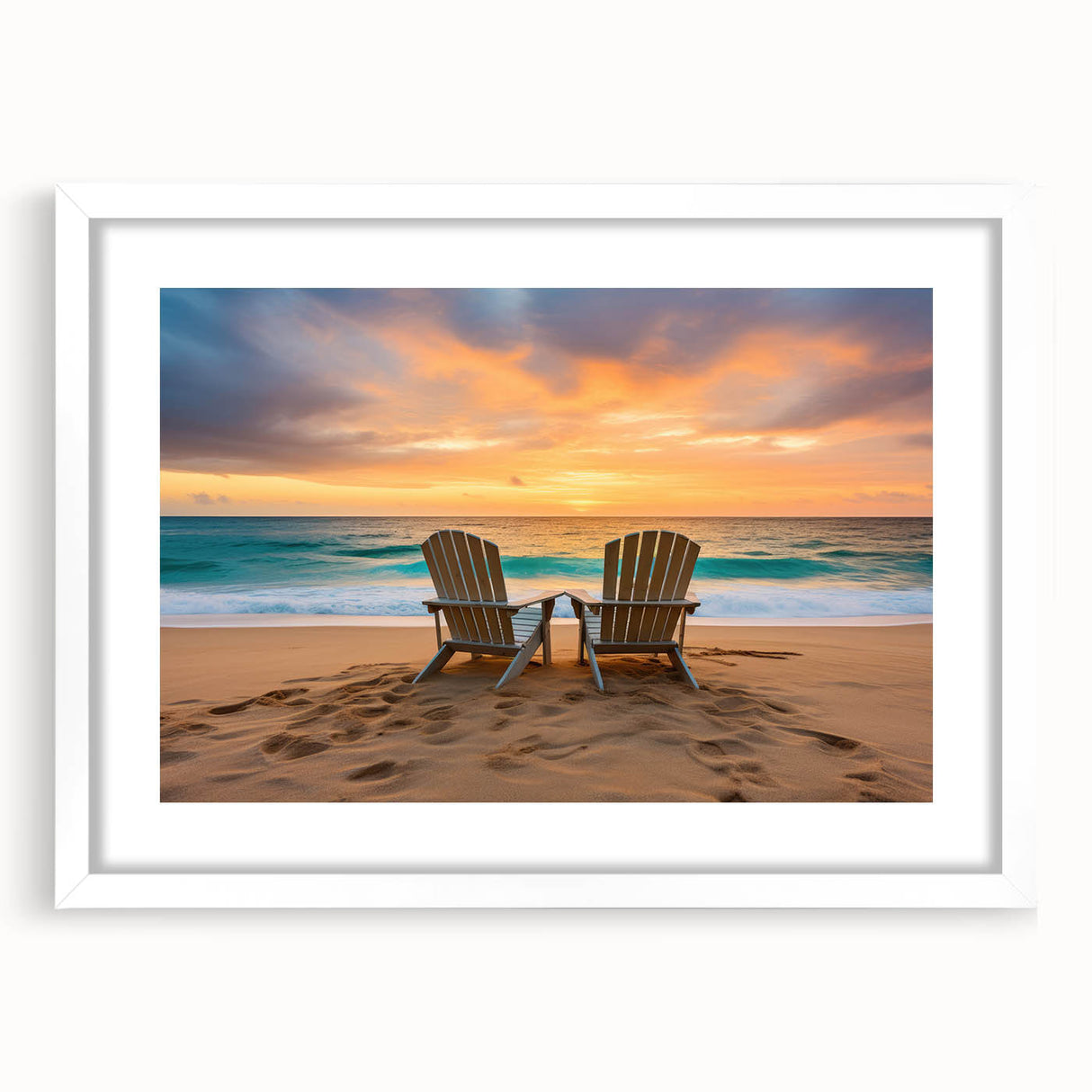 Textured abstract art print featuring ocean blues and sandy hues on a framed white mat, ideal for bedroom wall decor.