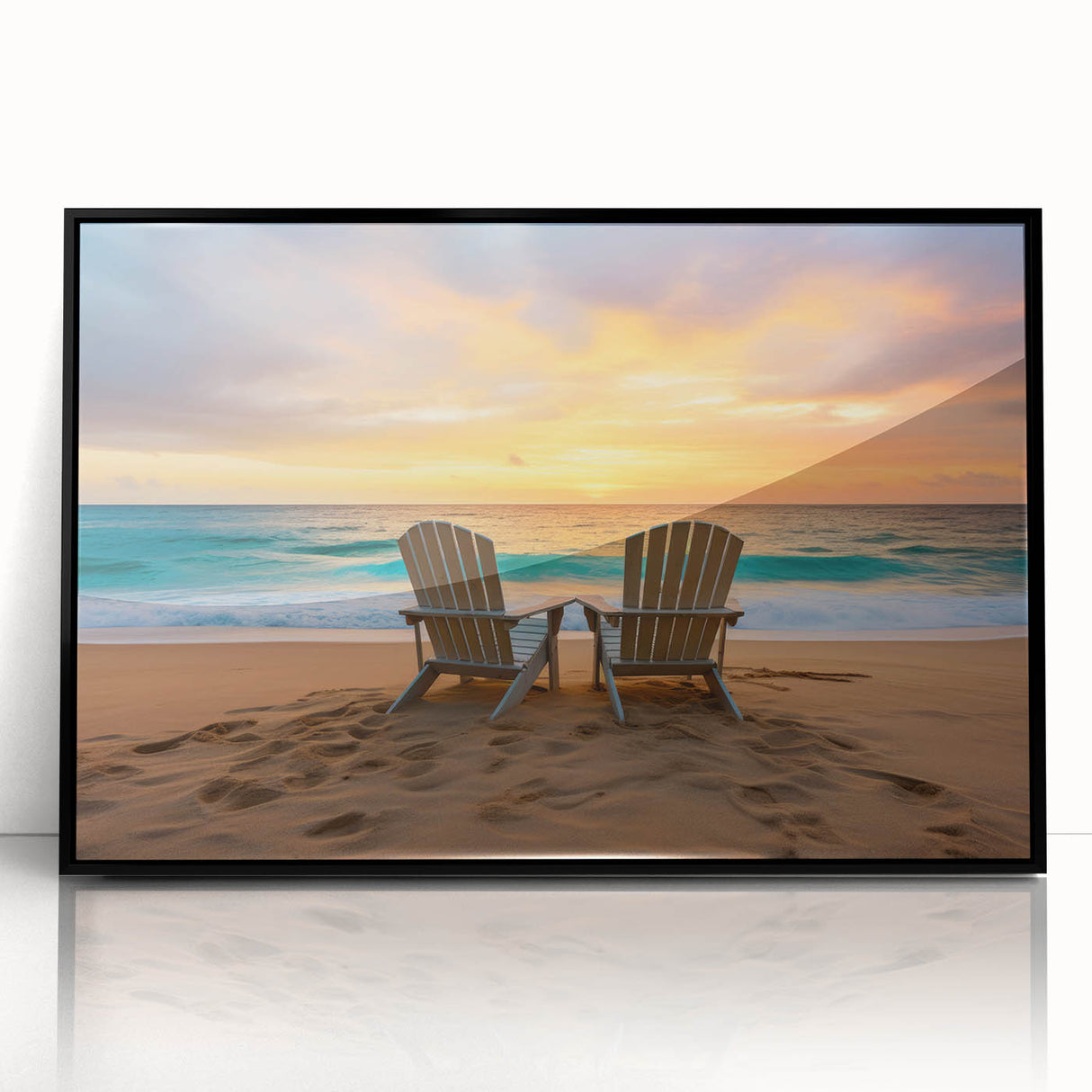 Large abstract wall art depicting a Caribbean scene in vibrant blue and green tones on framed acrylic.