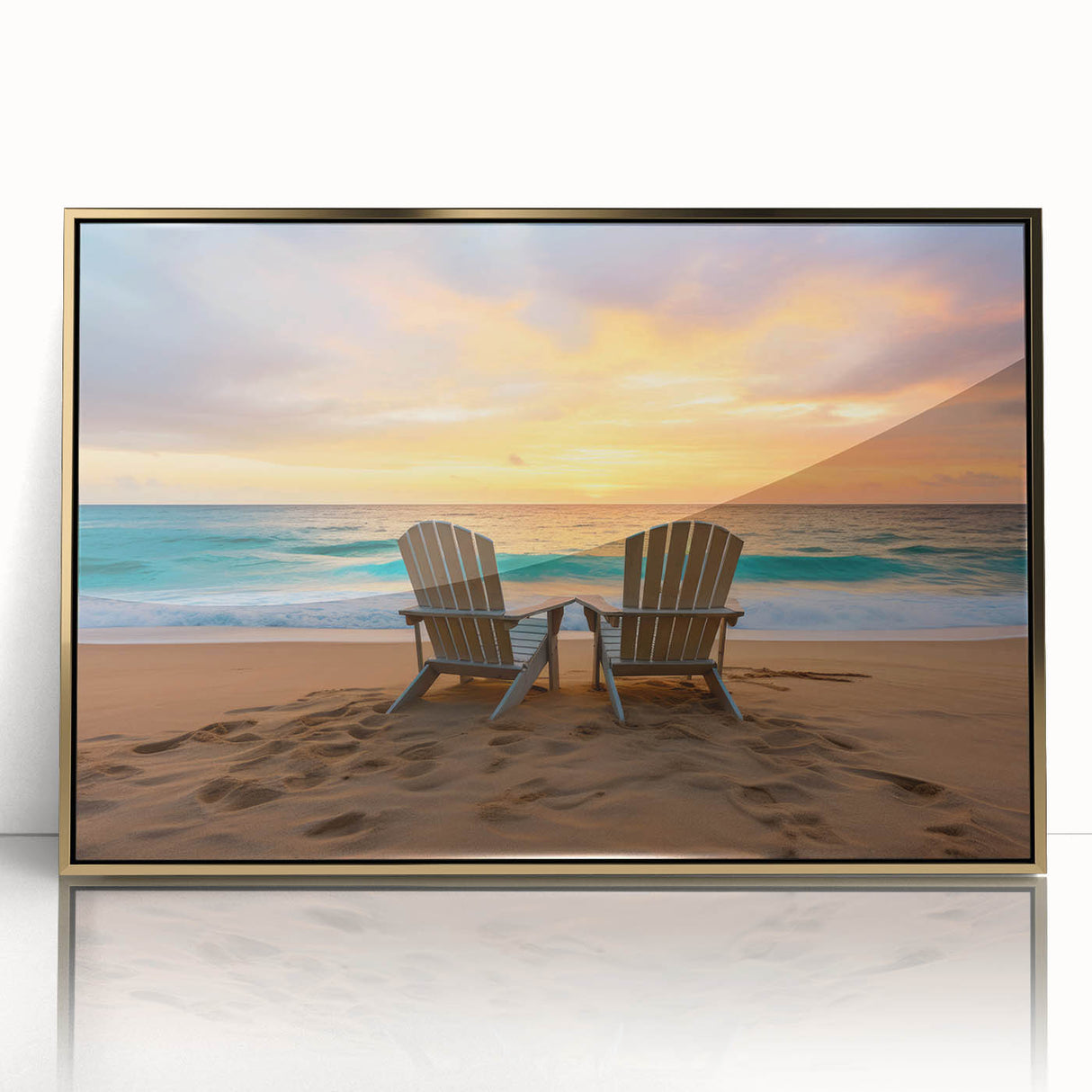 Art Deco style poster of a Caribbean scenery with vivid blue and green tones on a gold-framed acrylic.