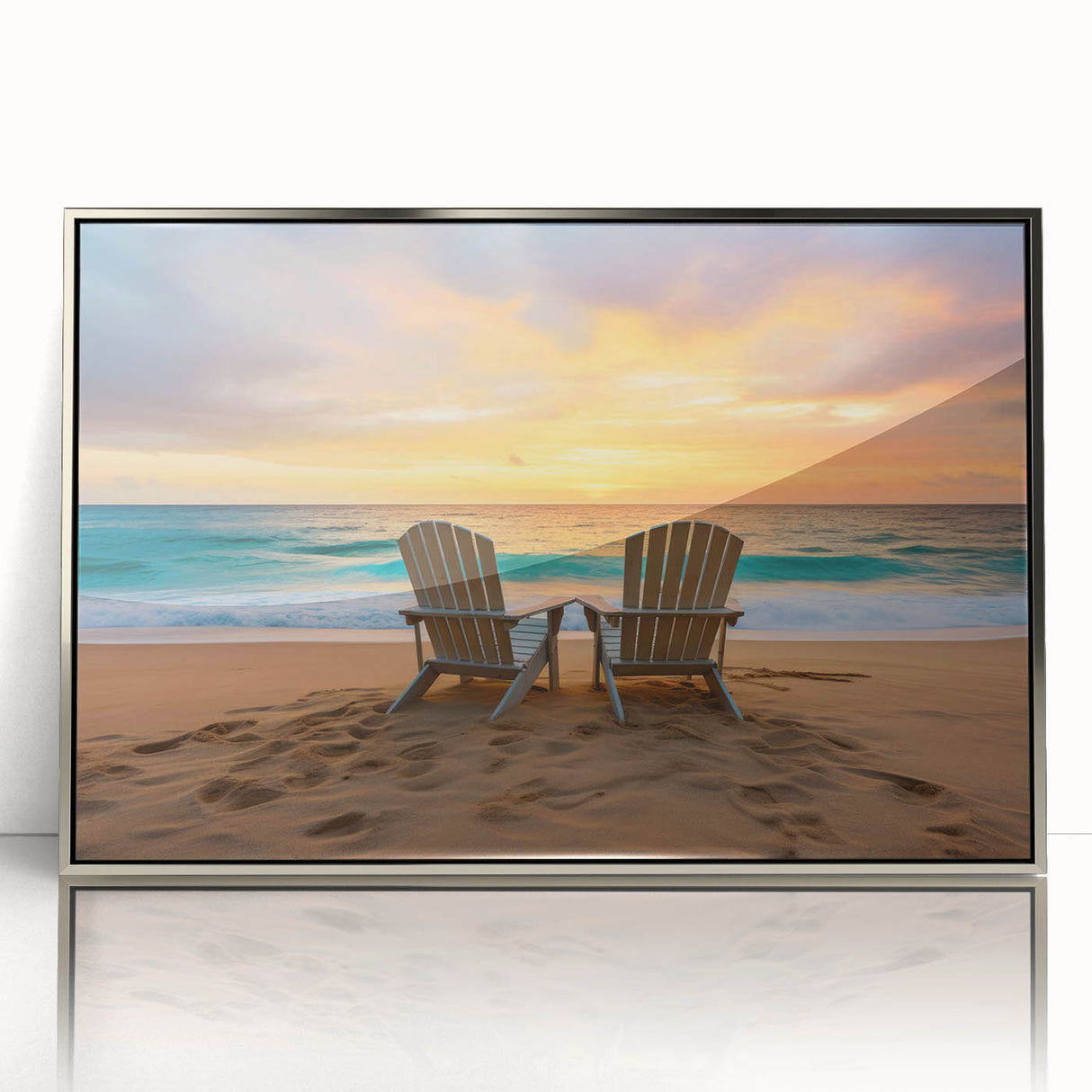 Large art print of a Caribbean Bahamas scenery in muted blue and green tones on a framed acrylic.