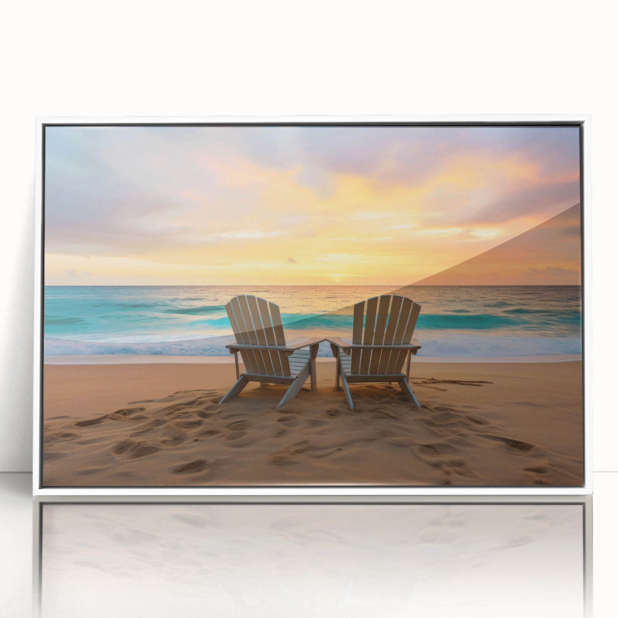 Mid-century modernist art of a Caribbean scene in pastel shades on a white framed acrylic, suitable for nursery wall art.
