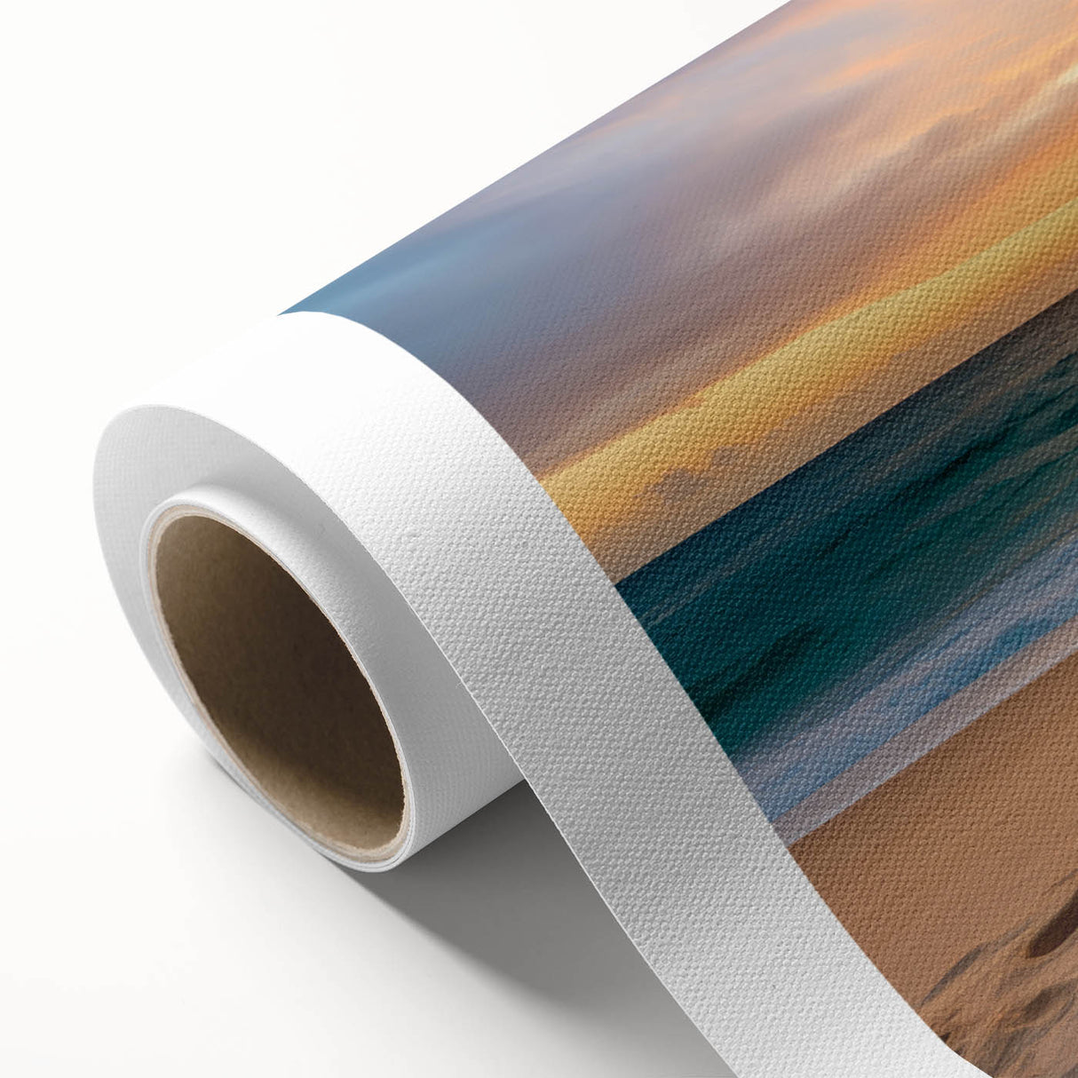 Art deco poster of a calm Caribbean beach scene on rolled canvas, using soft blue and white tones.