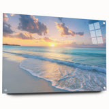 Acrylic print of a Caribbean Barbados scenery in vibrant blue and green tones, suitable for dining room decor.