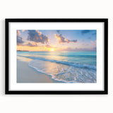 Extra large abstract art print featuring a colorful Caribbean scenery on textured canvas, framed in black.