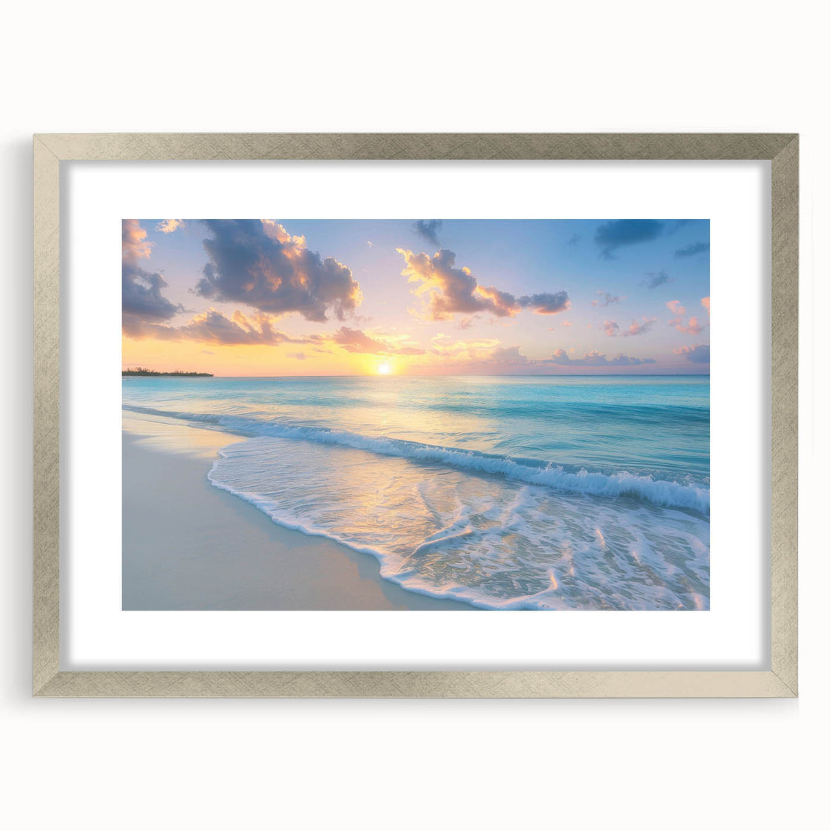 Extra large wall art featuring an abstract textured print of Caribbean scenery in silver frame, ideal for living room decor.