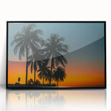 Large abstract wall art of a Caribbean scene in vibrant blue and green tones on framed acrylic.