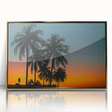 Art deco poster of a Caribbean scenery in acrylic gold frame, blending vibrant ocean blue with lush green.