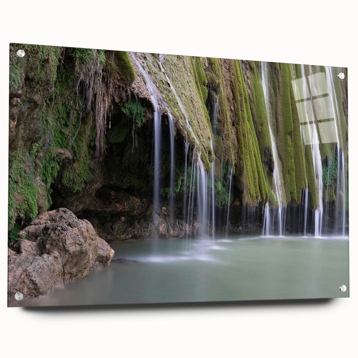 Large abstract wall art on acrylic glass depicting a Caribbean scenery, suitable for bedroom or dining room decor.