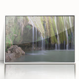 Large art print of a Caribbean scene in mid-century modernist style, acrylic framed, with vibrant blue and green tones.