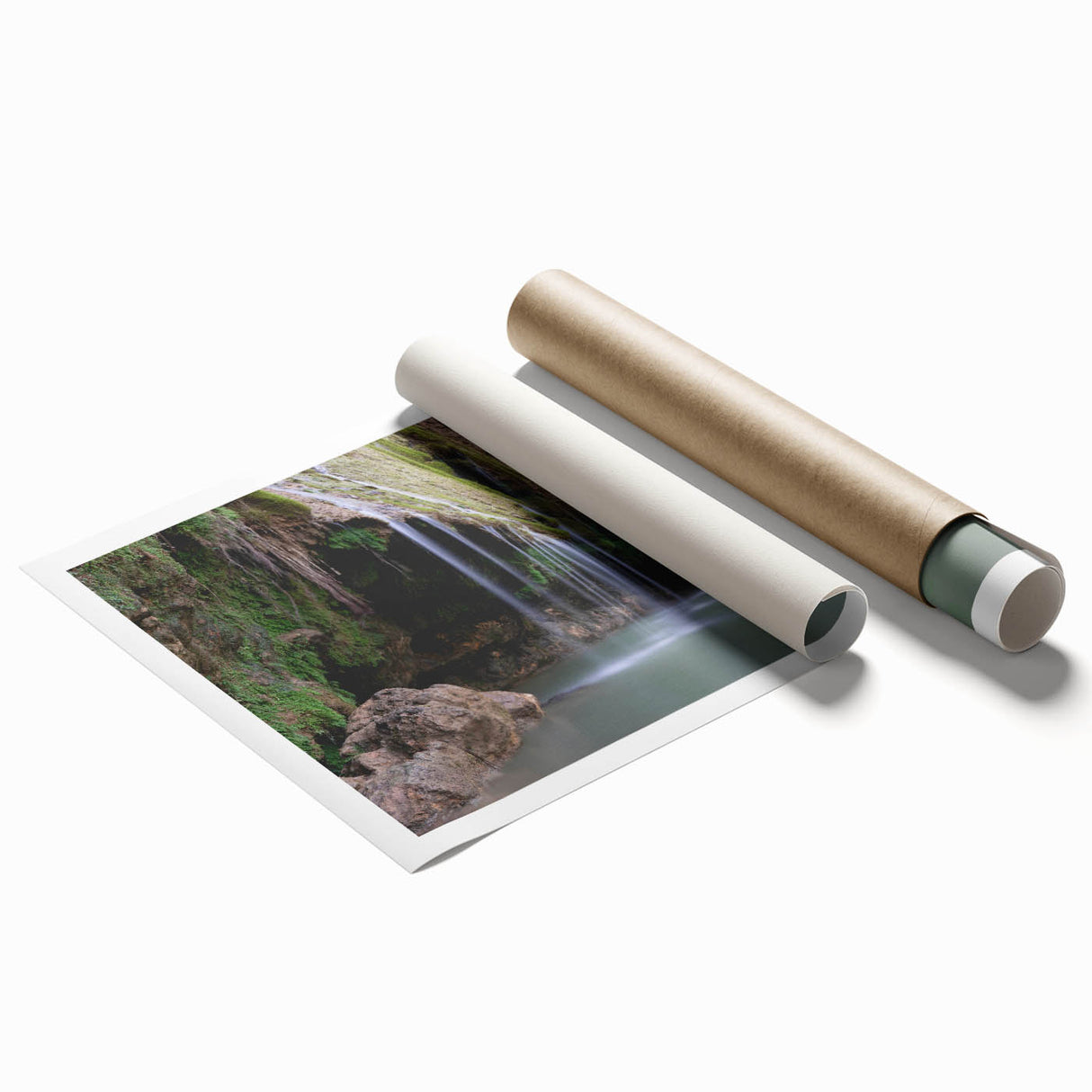 Extra large rolled print of a Caribbean scenery with vibrant ocean blues and lush greenery.