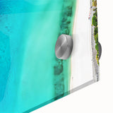 Large abstract wall art of Caribbean scenery in acrylic glass, featuring vibrant ocean blues, ideal for dining room ambiance.