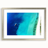 Extra large abstract art print featuring textured scenery of the Caribbean in Jamaica, with muted blue and green tones.
