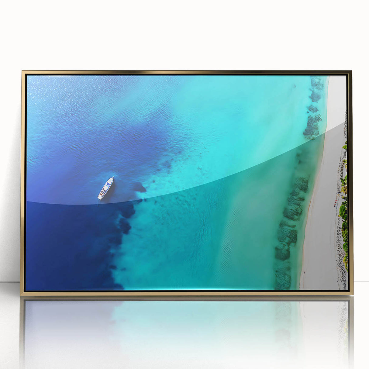 Art Deco poster of a Caribbean scenery on gold-framed acrylic, featuring vibrant blue and green tones.