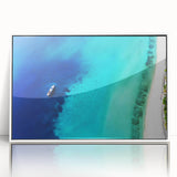 Mid-century modernist art depicting a Caribbean scene in vibrant colors on a framed acrylic, suitable for nursery wall art.