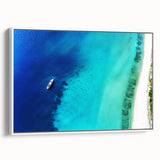 Vintage poster art of a Caribbean scenery on a framed canvas, featuring vibrant colorful art, ideal for living room decor.
