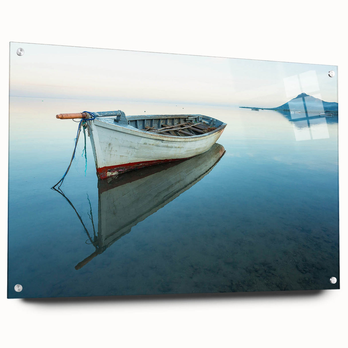 Acrylic print of a serene Martinique landscape, with vibrant blue and green tones, ideal for bedroom or dining room decor.