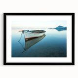 Extra large textured abstract art print with vivid colors depicting a Caribbean scenery, framed in black.