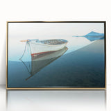 Art Deco style poster of a Caribbean beach scene with vibrant blue and sandy hues, framed in gold acrylic.