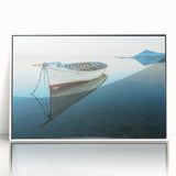 Mid-century modernist art depicting a Caribbean scenery in muted pastel hues on a white framed acrylic.