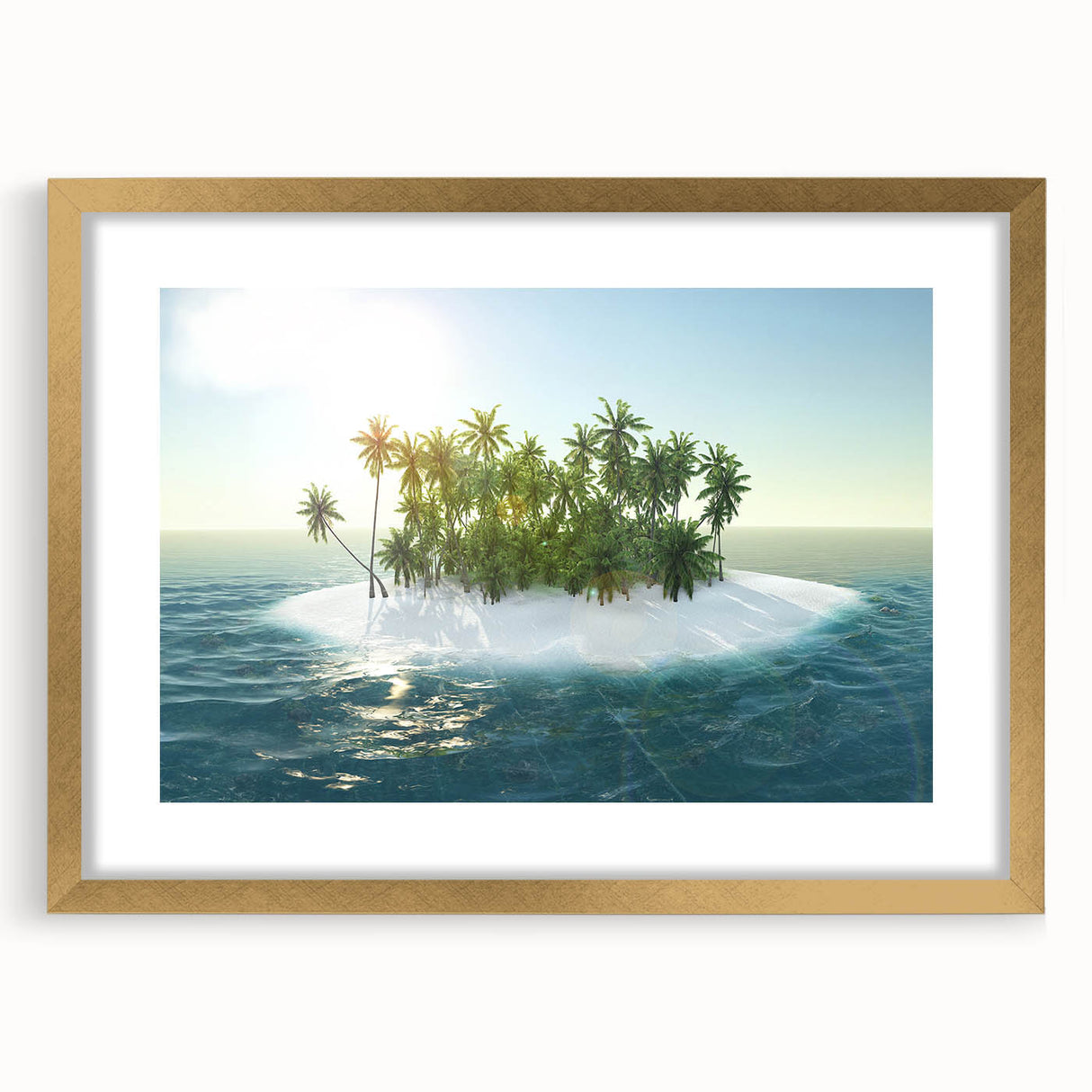 Abstract art print of Caribbean Virgin Islands in muted blue and green tones, framed with a gold mat.