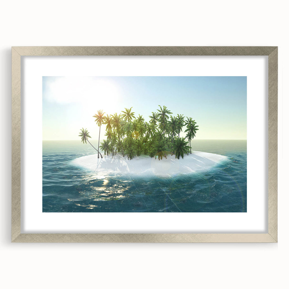 Extra large wall art of abstract Caribbean scenery in textured silver frame, ideal for living room decor.