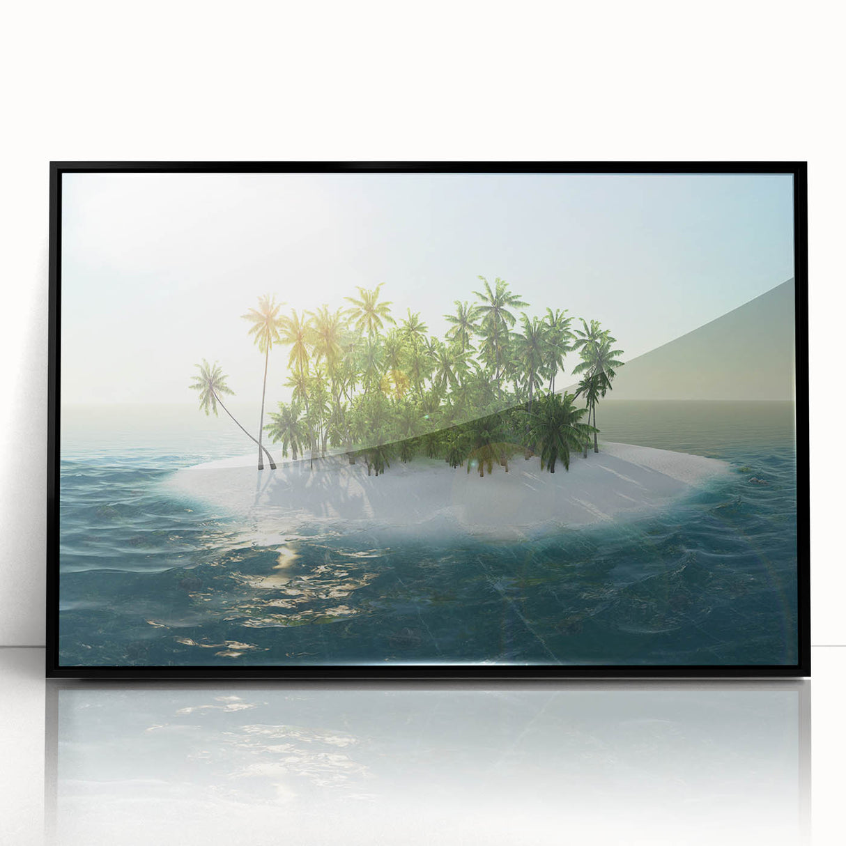Large abstract wall art depicting the Caribbean Virgin Islands in vibrant blue and green tones, framed in black acrylic.